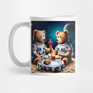 Two Teddy's in space suits having a romantic dinner on the Moon Mug